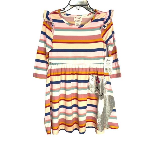 Pinky Los Angeles Berry Multi Striped Girls’ Dress with Glitter Cat Size 4 - Picture 2 of 7